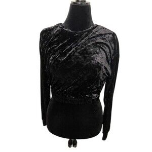 LIZAFUL Black Velvet Crop Top Womens Size 8 Long Sleeve Pullover Cozy Stretch